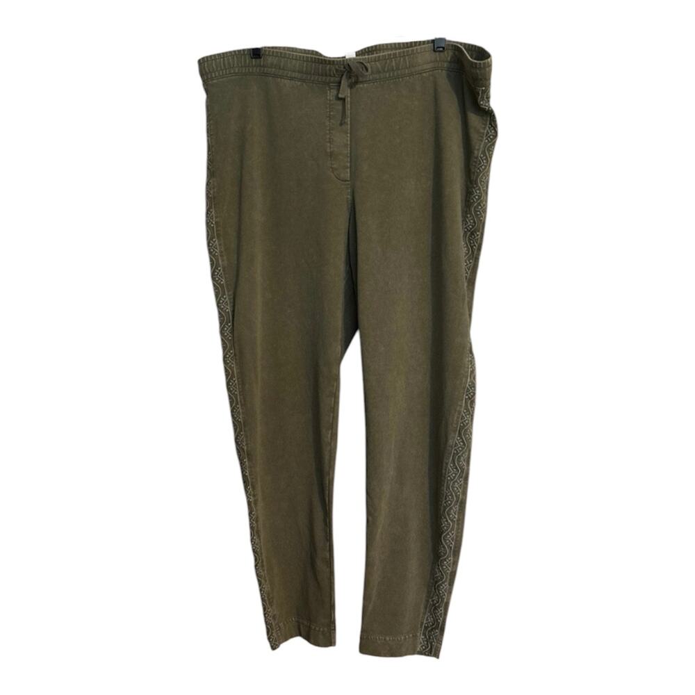 J Jill Size L Tall LT Embroidered Casual Pants Olive Green Elastic Waist
